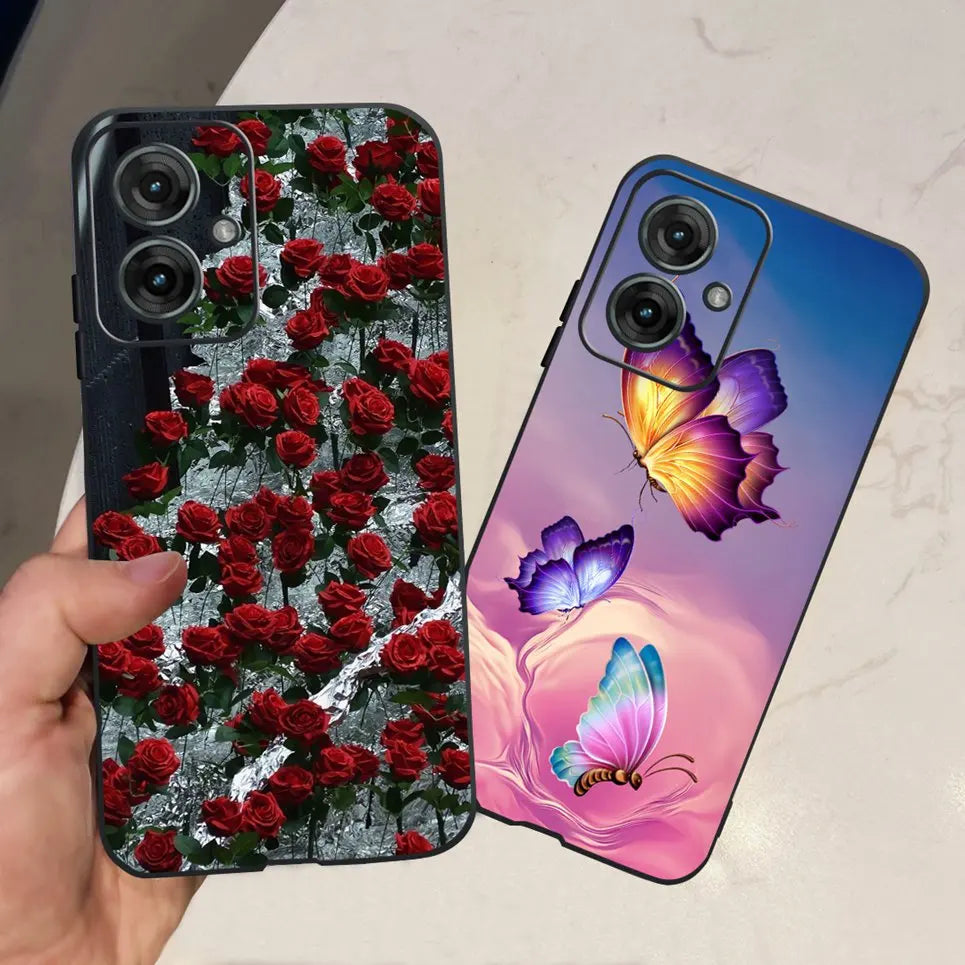 Flower Butterfly Women Fashion Back Cover For Motorola Moto G55 G85 G5 Phone Funda Black Matte Soft TPU Black Silicone