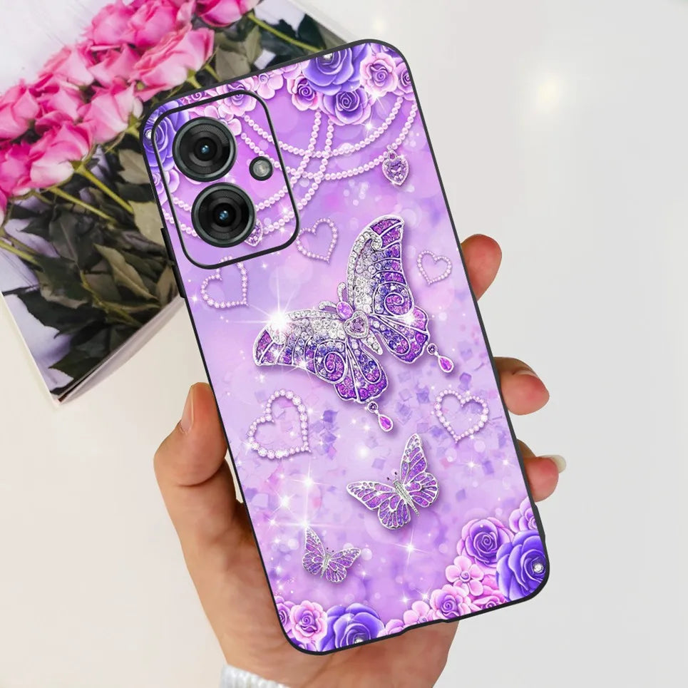Flower Butterfly Women Fashion Back Cover For Motorola Moto G55 G85 G5 Phone Funda Black Matte Soft TPU Black Silicone